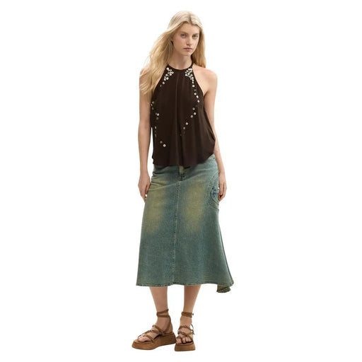 Desigual femme marron sans manches en lyocell top avec un col halter et des ornements argentés le long de l'encolure et des côtés
