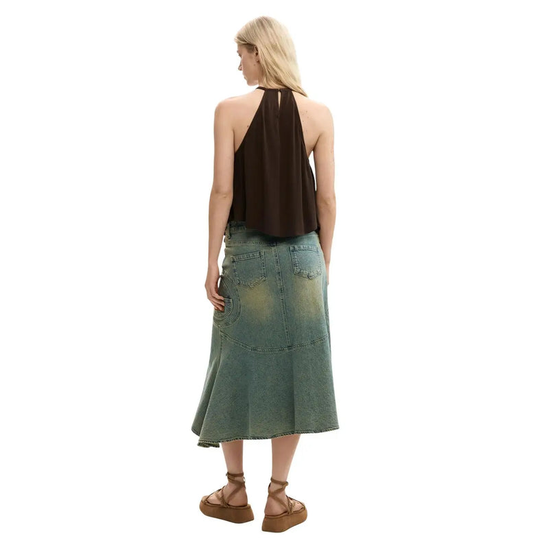 Desigual femmes top Robe dos nu sans manches en lyocell marron, vue de dos, avec une jupe en jean vert olive