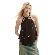 Débardeur Desigual femme marron en lyocell top avec un col halter et un motif à rayures verticales argentées à paillettes