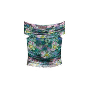 Desigual femmes top Encolure bateau bleu clair à imprimé floral vibrant vert et violet, froncée sur les épaules.