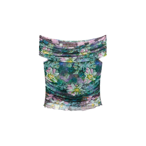 Desigual femmes top Encolure bateau bleu clair à imprimé floral vibrant vert et violet, froncée sur les épaules.