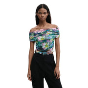 Desigual femmes top Haut à manches courtes bleu clair à col bateau et imprimé floral froncé aux épaules dénudées