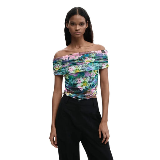 Desigual femmes top Haut à manches courtes bleu clair à col bateau et imprimé floral froncé aux épaules dénudées