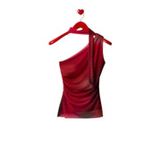 Desigual femmes top débardeur rouge à une épaule, transparent top avec un tissu drapé et une silhouette ajustée