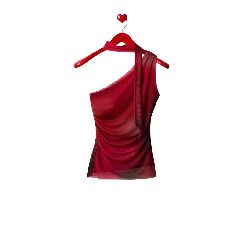 Desigual femmes top débardeur rouge à une épaule, transparent top avec un tissu drapé et une silhouette ajustée