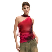 Desigual femmes top rouge sans manches à une épaule top avec un design asymétrique drapé et vibrant se fondant dans un ourlet bordeaux foncé