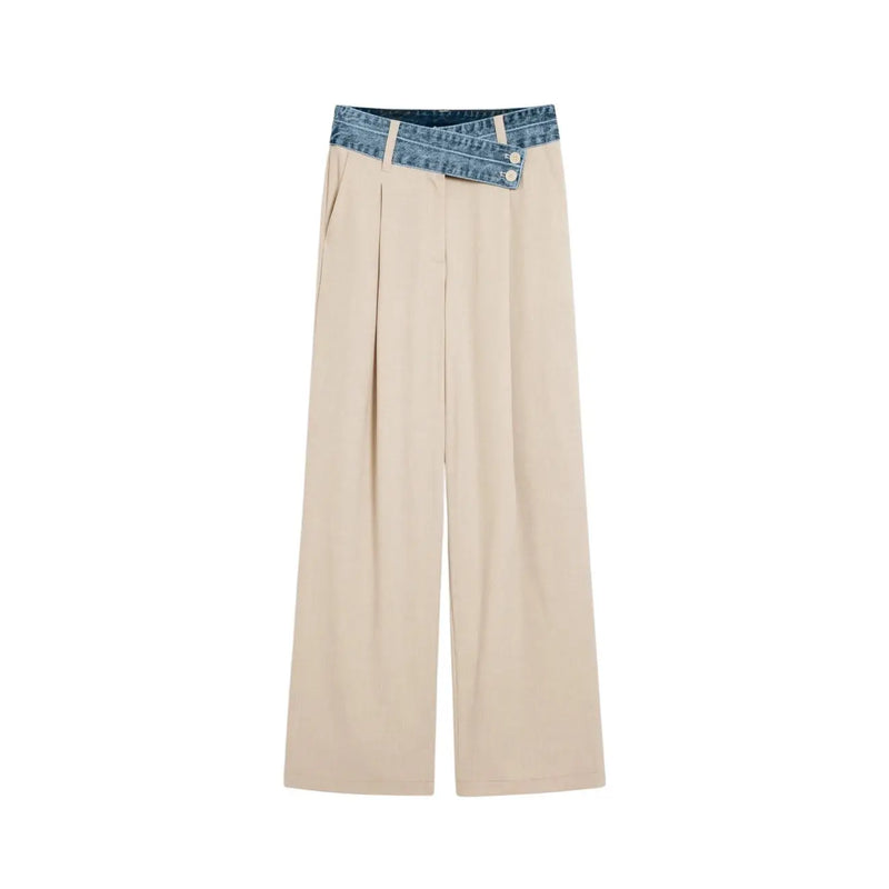 Pantalon beige à jambes larges pour femme, taille élastiquée en denim et deux boutons, en mélange de viscose, par Desigual