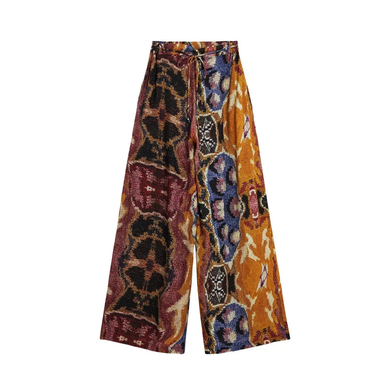 Pantalon Desigual pour femme en viscose moutarde avec ceinture, à jambes larges et à motifs vifs orange, bordeaux, bleu et noir à nouer à la taille.