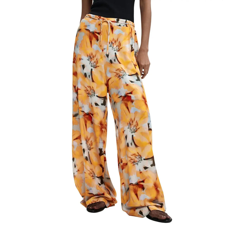 Pantalon Desigual pour femme, orange à fleurs en viscose, jambes larges, taille élastiquée avec cordon de serrage, taille C