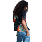 Desigual women viscose black short-sleeved v neck t-shirt with vibrant pink orange and green tropical floral print
