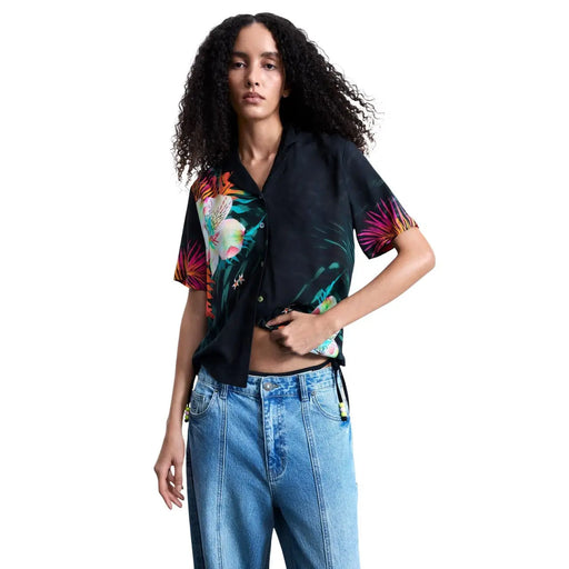 Desigual women viscose short-sleeved button-up shirt black with vibrant pink green and orange tropical floral print