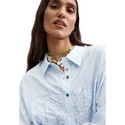 Desigual women viscose long shirt in light blue with white stripes and ruffled detailing on the chest
