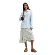 Desigual women viscose long shirt light blue with white vertical stripes and intricate lace detailing on the chest