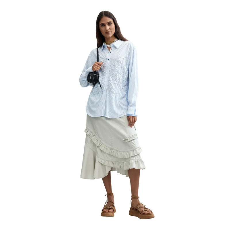 Desigual women viscose long shirt light blue with white vertical stripes and intricate lace detailing on the chest