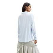 Desigual women viscose long shirt light blue with white vertical stripes and classic collar long sleeves button-up