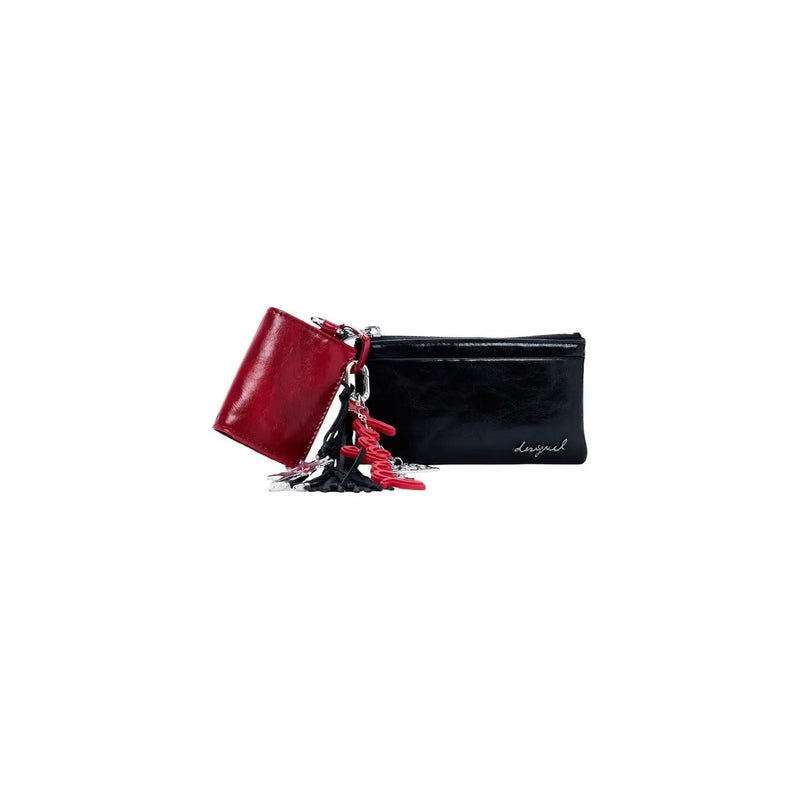 Portefeuille Desigual pour femme, ensemble pochette zippée en polyuréthane noir avec porte-clés et pompon rouge et noir brillants