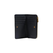 Portefeuille femme Desigual en cuir noir avec fermeture éclair et détails dorés, petit bouton zippé, 16 cm
