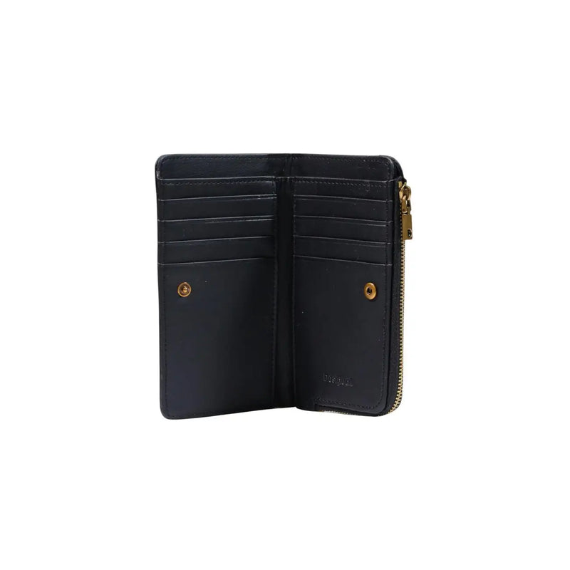 Portefeuille femme Desigual en cuir noir avec fermeture éclair et détails dorés, petit bouton zippé, 16 cm