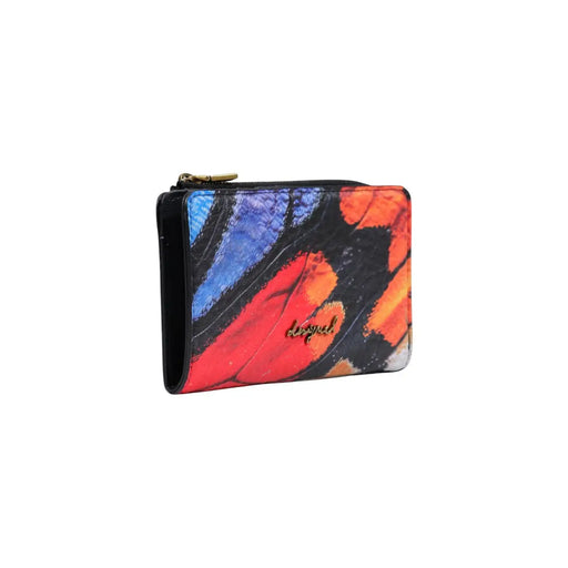 Portefeuille femme Desigual noir à fermeture éclair, petit format (16 cm), orné d'un motif papillon éclatant et d'une tirette dorée.