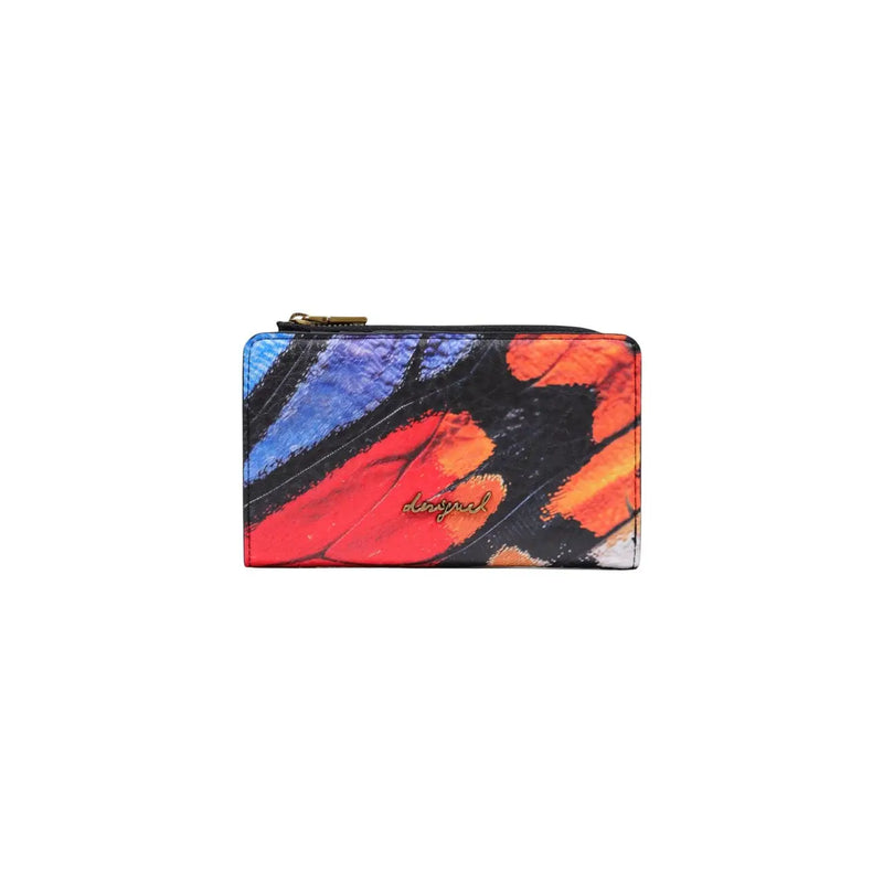 Portefeuille zippé Desigual pour femme en cuir noir, orné d'un motif d'ailes de papillon multicolores éclatantes, format 16 cm.