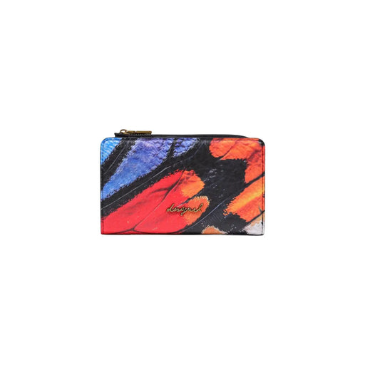 Portefeuille zippé Desigual pour femme en cuir noir, orné d'un motif d'ailes de papillon multicolores éclatantes, format 16 cm.