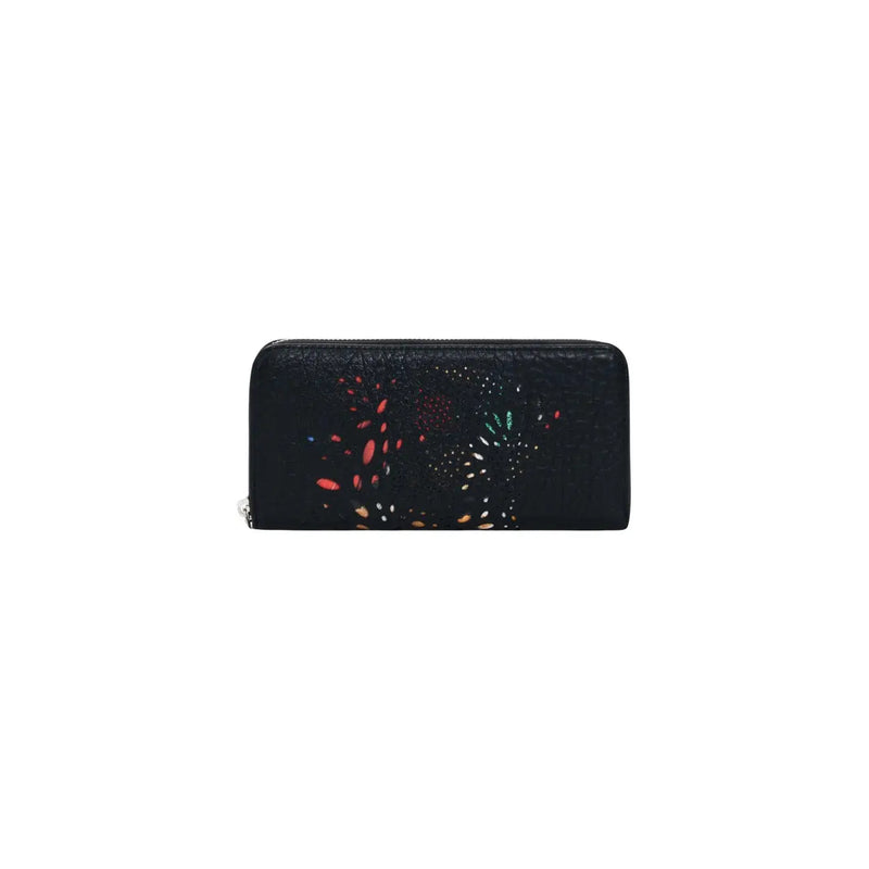 Portefeuille femme Desigual noir à motif feux d'artifice colorés texturé et poches zippées 21 x 10 x 2,5 cm