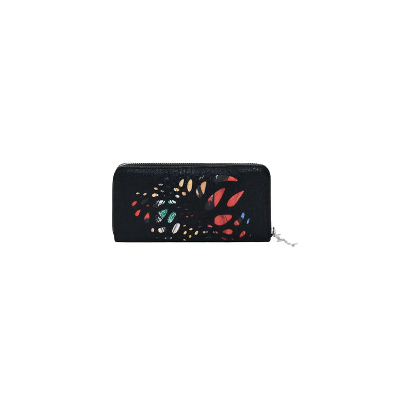 Portefeuille Desigual noir pour femme, doté de poches zippées et orné d'un motif abstrait rouge, vert et or éclatant sur une surface texturée.