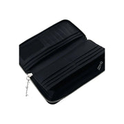 Portefeuille Desigual noir pour femme, avec tirette de fermeture éclair argentée gravée, plusieurs emplacements pour cartes et poches zippées, 21 x 10 x 2,5 cm