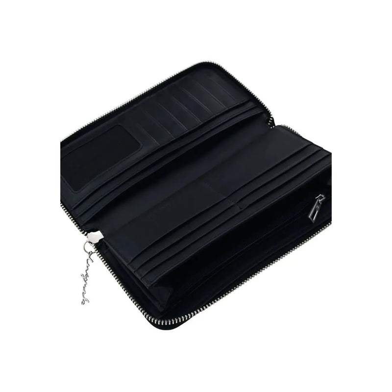 Portefeuille Desigual noir pour femme, avec tirette de fermeture éclair argentée gravée, plusieurs emplacements pour cartes et poches zippées, 21 x 10 x 2,5 cm