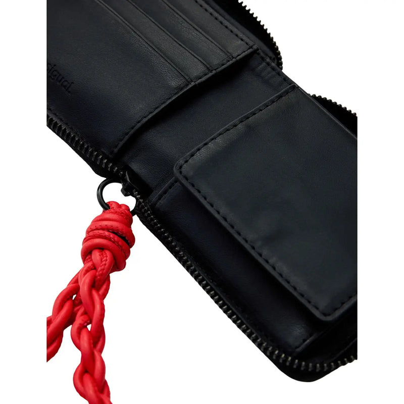 Portefeuille femme Desigual en cuir noir avec tirette de fermeture éclair à pompon rouge tressé, en polyester, 10 x 11 x 2 cm