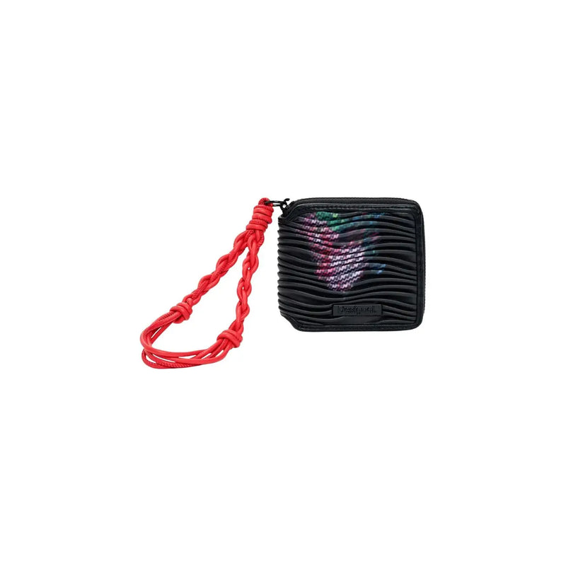 Portefeuille Desigual pour femme, noir, zippé, en polyester texturé à motif d'ailes irisé et dragonne tressée rouge.