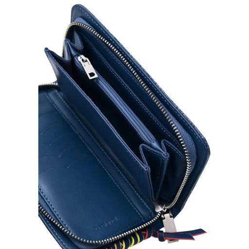Portefeuille Desigual pour femme en cuir bleu foncé, fermetures éclair argentées et tirettes rayées colorées, 19 x 11 x 2,5 cm