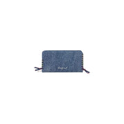 Portefeuille Desigual pour femme en coton bleu clair à texture denim, orné de rubans colorés et d'un logo discret. Dimensions : 19 x 11 x 2,5 cm.