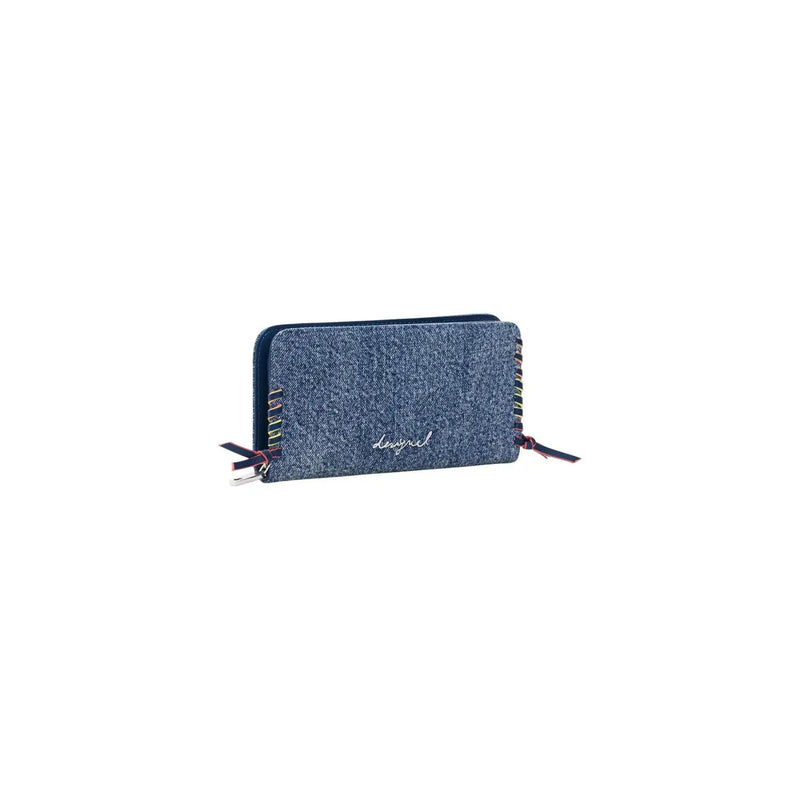 Portefeuille zippé en coton bleu clair à texture denim pour femme de Desigual, avec tirettes de fermeture éclair rayées colorées et logo brodé
