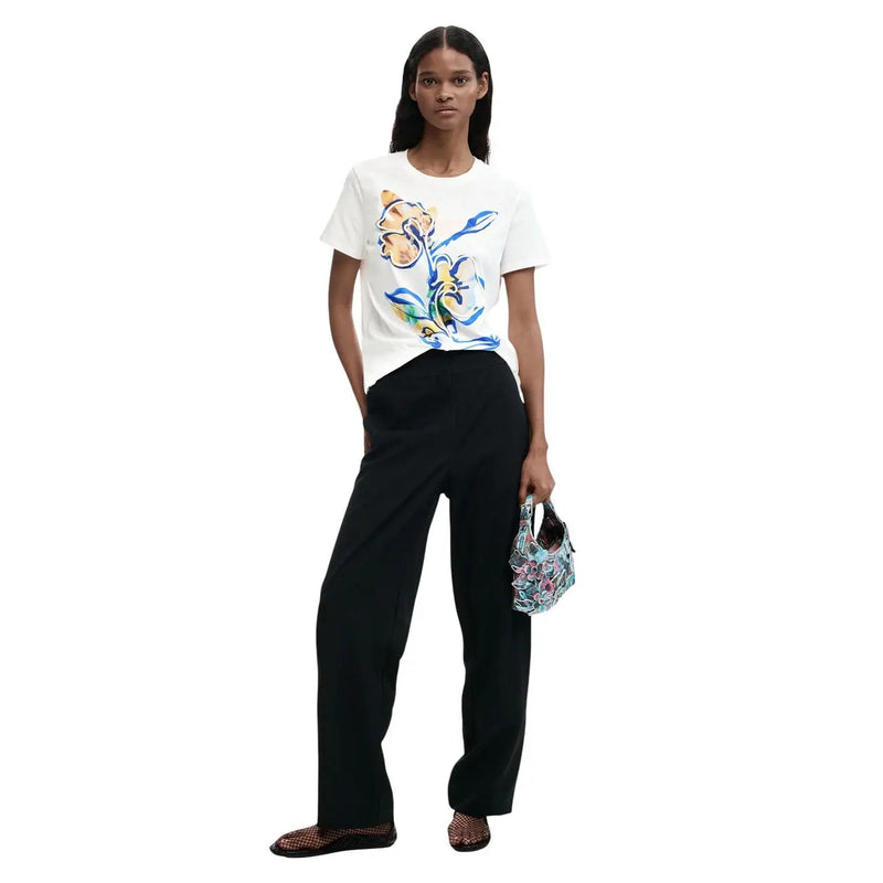 Desigual women white cotton round neck short t shirt with a colorful floral graphic print on the front