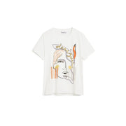 Desigual women white cotton round neck short t shirt with stylized face graphic in orange yellow and gray accents