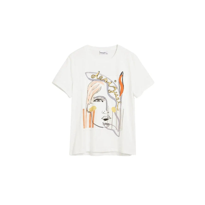 Desigual women white cotton round neck short t shirt with stylized face graphic in orange yellow and gray accents