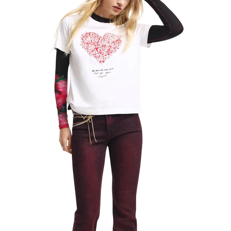 Desigual women white cotton short sleeve t shirt with pink floral heart design and black trim on neckline and sleeves