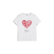 Desigual women white cotton short sleeve t shirt with vibrant red heart made of interlocking letters and the brand is love phrase