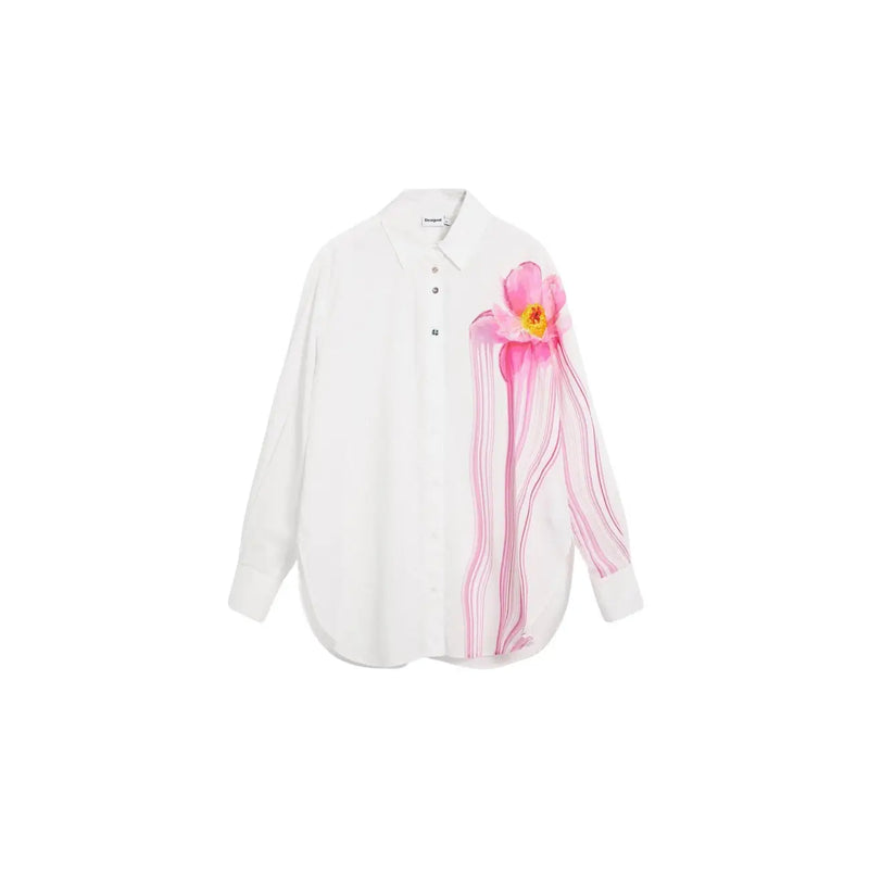 Desigual women white floral cotton long shirt with vibrant pink flowers yellow centers and flowing striped sleeve accents