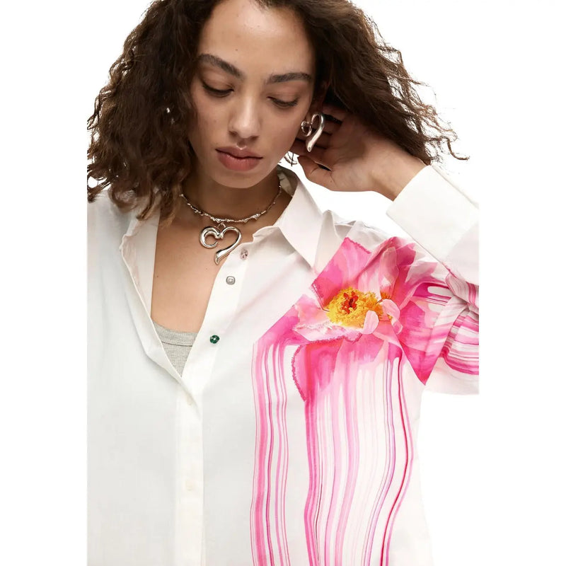 Desigual women white floral cotton long shirt with vibrant pink yellow floral design and vertical striped sleeve accents