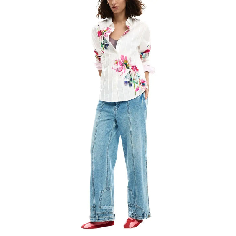 Desigual women white floral cotton long shirt with button-up front rolled sleeves and subtle pleated detail