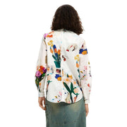 Desigual women white cotton long-sleeved blouse with vibrant orange pink purple and yellow floral print tulips