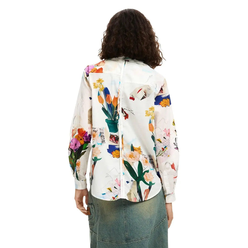Desigual women white cotton long-sleeved blouse with vibrant orange pink purple and yellow floral print tulips