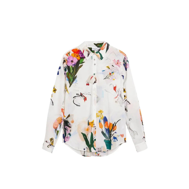 Desigual women white long cotton shirt with vibrant floral and botanical print in pink orange yellow green purple