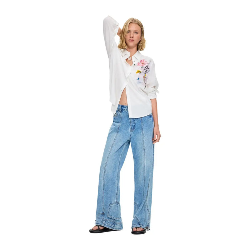 Desigual women white floral viscose button-up shirt with embroidered details rolled sleeves and open front