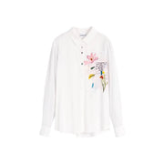 Desigual women white viscose long classic shirt with colorful floral and handwritten design on the chest