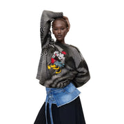 Desigual women white knitwear regular fit acrylic blend black and white striped sweatshirt with colorful mickey and minnie embroidery