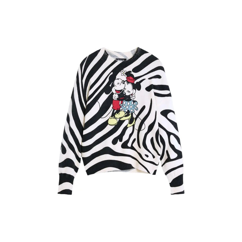 Desigual women white and black zebra-striped knit sweater with colorful mickey and minnie mouse graphic acrylic blend
