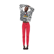 Desigual women white knitwear cropped sweatshirt with black and white zebra stripes and colorful embroidered mickey mouse